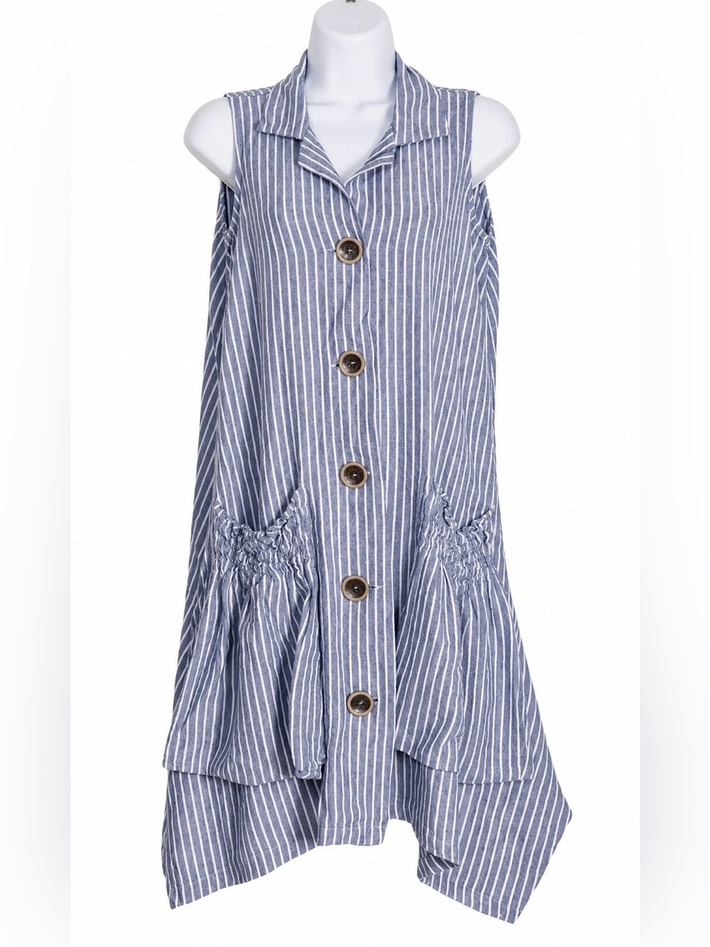 Forcynthia Sleeveless Flowy Linen Blue & White Stripe Button-Front Dress Size XS